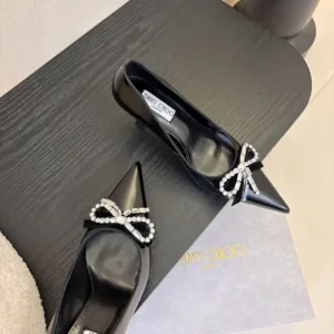 Jimmy Choo Women Auria 70mm Black Soft Spazzolato Pumps with Velvet and Crystal Bow