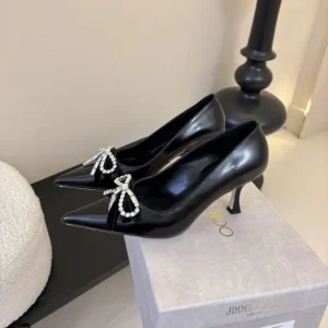 Jimmy Choo Women Auria 70mm Black Soft Spazzolato Pumps with Velvet and Crystal Bow