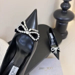 Jimmy Choo Women Auria 70mm Black Soft Spazzolato Pumps with Velvet and Crystal Bow