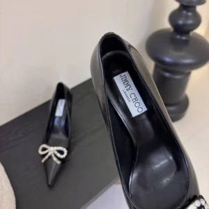 Jimmy Choo Women Auria 70mm Black Soft Spazzolato Pumps with Velvet and Crystal Bow