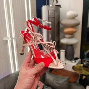 Jimmy Choo Women Lula 100mm Macaron and Ruby Red Satin Sandals with Bows