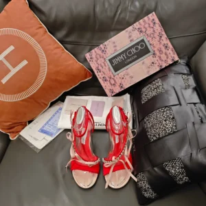 Jimmy Choo Women Lula 100mm Macaron and Ruby Red Satin Sandals with Bows