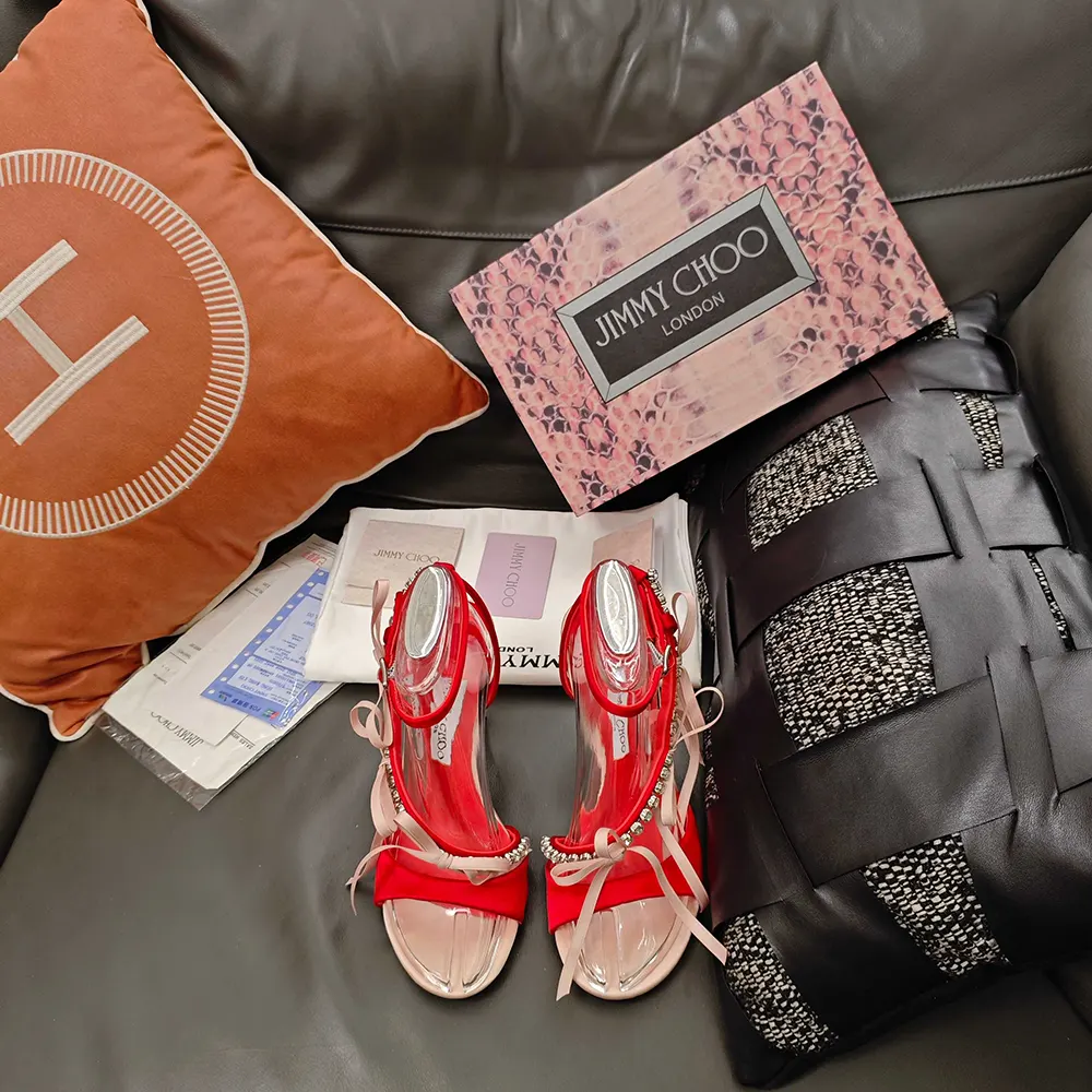 Jimmy Choo Women Lula 100mm Macaron and Ruby Red Satin Sandals with Bows