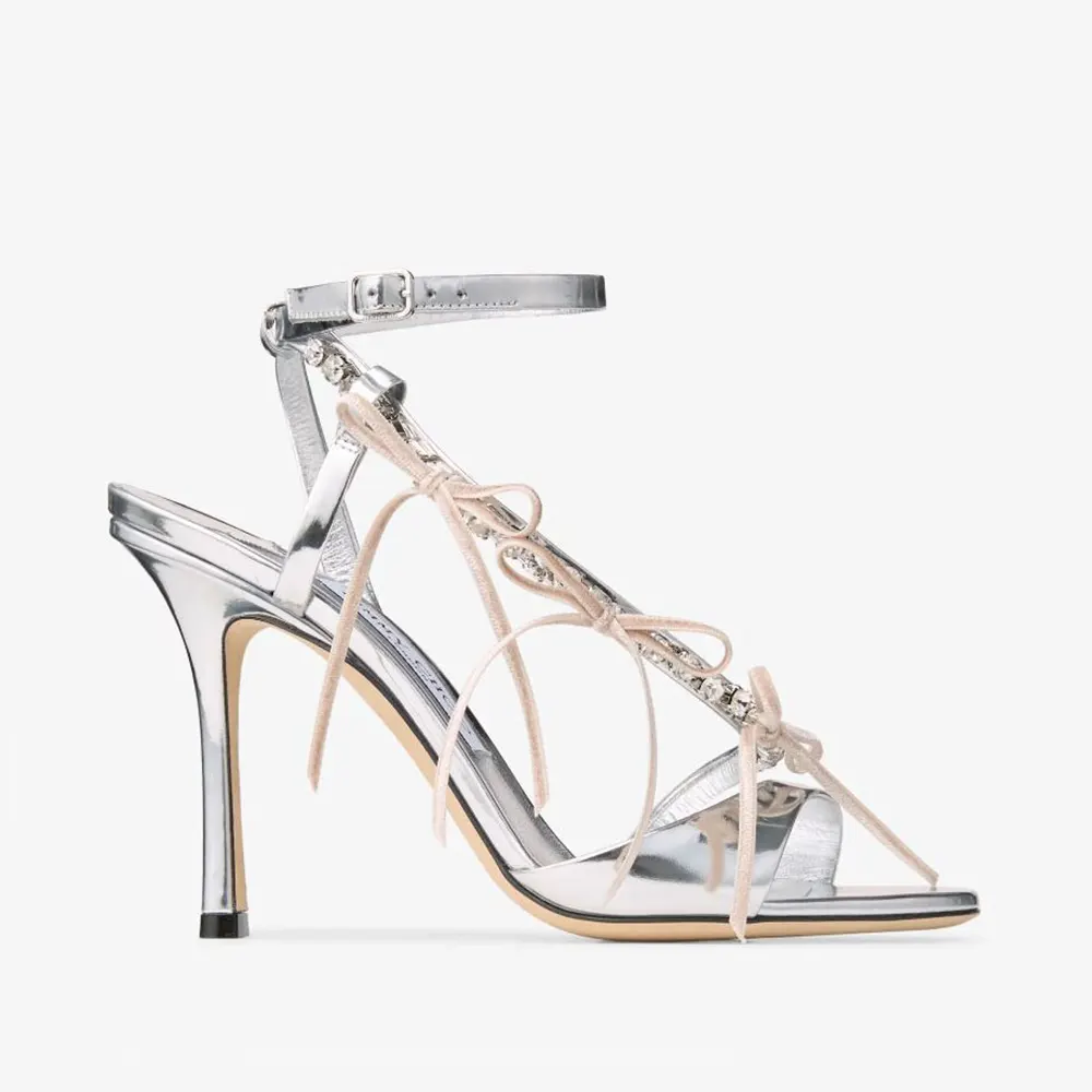 Jimmy Choo Women Lula 100mm Silver and Macaron Liquid Metal Leather Sandals