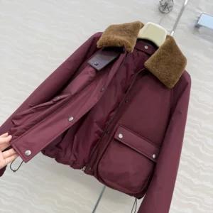 Loewe Women Puffer in Shearling and Cotton Blend-Burgundy S359Y02XFX