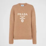 Prada Women Cashmere And Wool Prada Logo Crew-Neck Sweater-Camel Brown