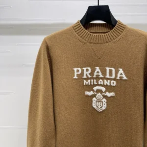 Prada Women Cashmere And Wool Prada Logo Crew-Neck Sweater-Camel Brown