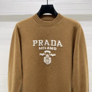 Prada Women Cashmere And Wool Prada Logo Crew-Neck Sweater-Camel Brown