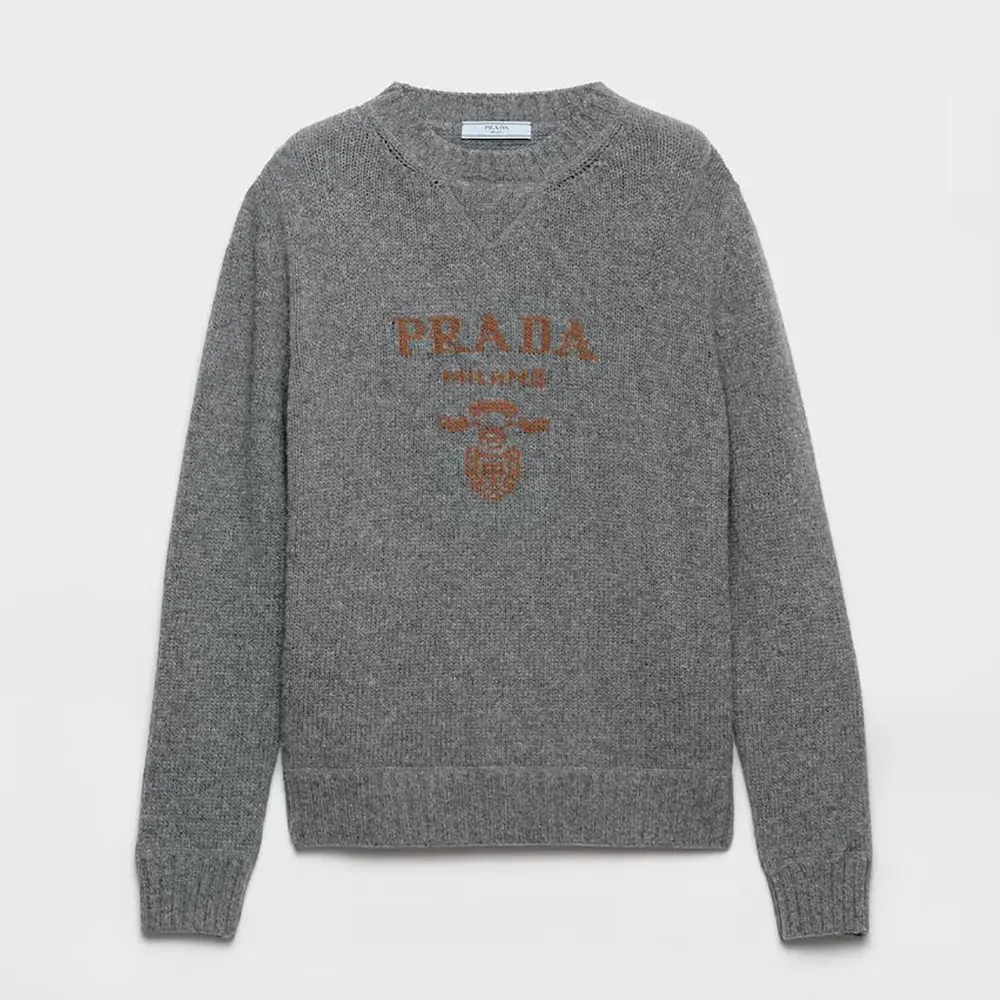 Prada Men Cashmere and Wool Prada Logo Crew-neck Sweater-Slate Gray 1 Prada Women Cashmere and wool Prada logo crew-neck sweater-Slate Gray