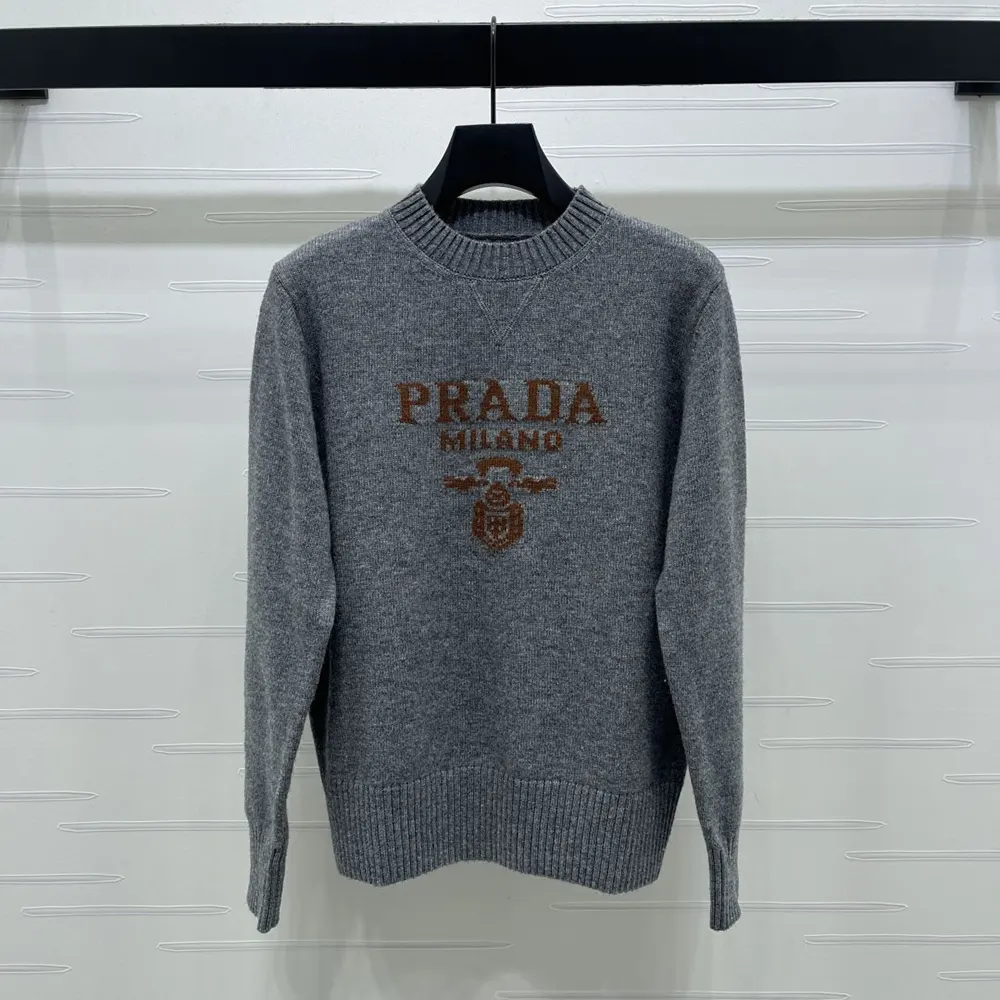 Prada Men Cashmere and Wool Prada Logo Crew-neck Sweater-Slate Gray 2 Prada Women Cashmere and wool Prada logo crew-neck sweater-Slate Gray