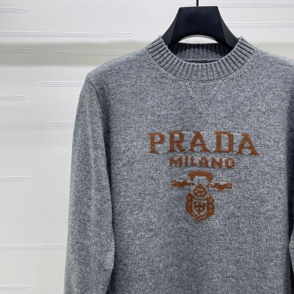Prada Men Cashmere and Wool Prada Logo Crew-neck Sweater-Slate Gray 4 Prada Women Cashmere and wool Prada logo crew-neck sweater-Slate Gray