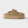 Prada Women Suede Flatform Mules with Enameled Metal Triangle Logo 1XZ778