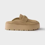 Prada Women Suede Flatform Mules with Enameled Metal Triangle Logo 1XZ778