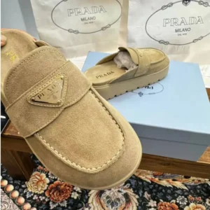 Prada Women Suede Flatform Mules with Enameled Metal Triangle Logo 1XZ778