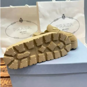 Prada Women Suede Flatform Mules with Enameled Metal Triangle Logo 1XZ778