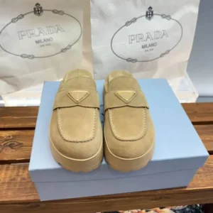 Prada Women Suede Flatform Mules with Enameled Metal Triangle Logo 1XZ778
