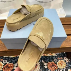 Prada Women Suede Flatform Mules with Enameled Metal Triangle Logo 1XZ778