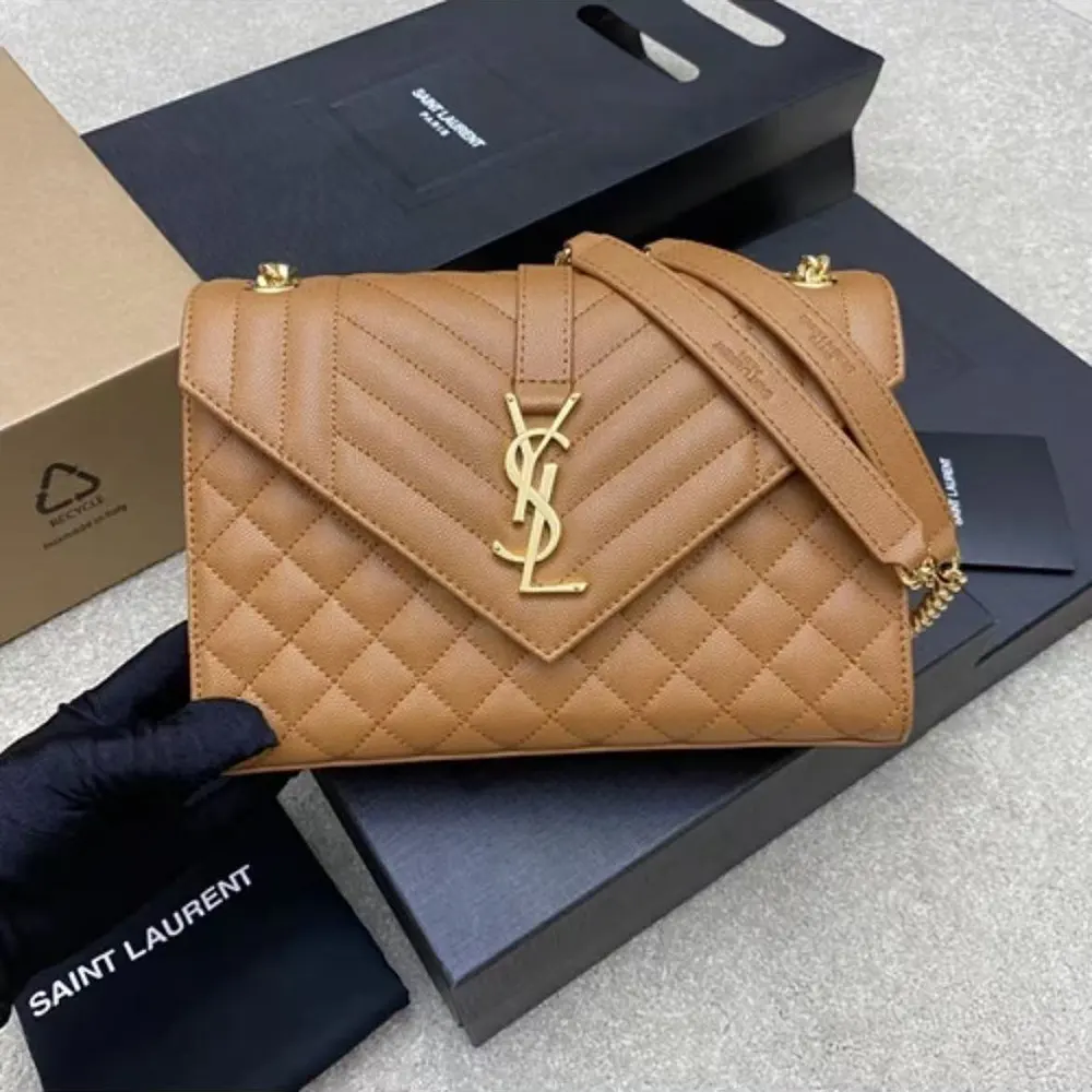 Saint Laurent YSL Women Envelope Medium in Matelasse Lambskin-Brown