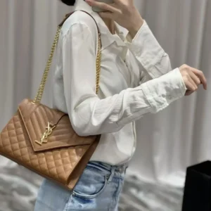 Saint Laurent YSL Women Envelope Medium in Matelasse Lambskin-Brown