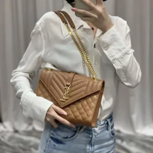 Saint Laurent YSL Women Envelope Medium in Matelasse Lambskin-Brown