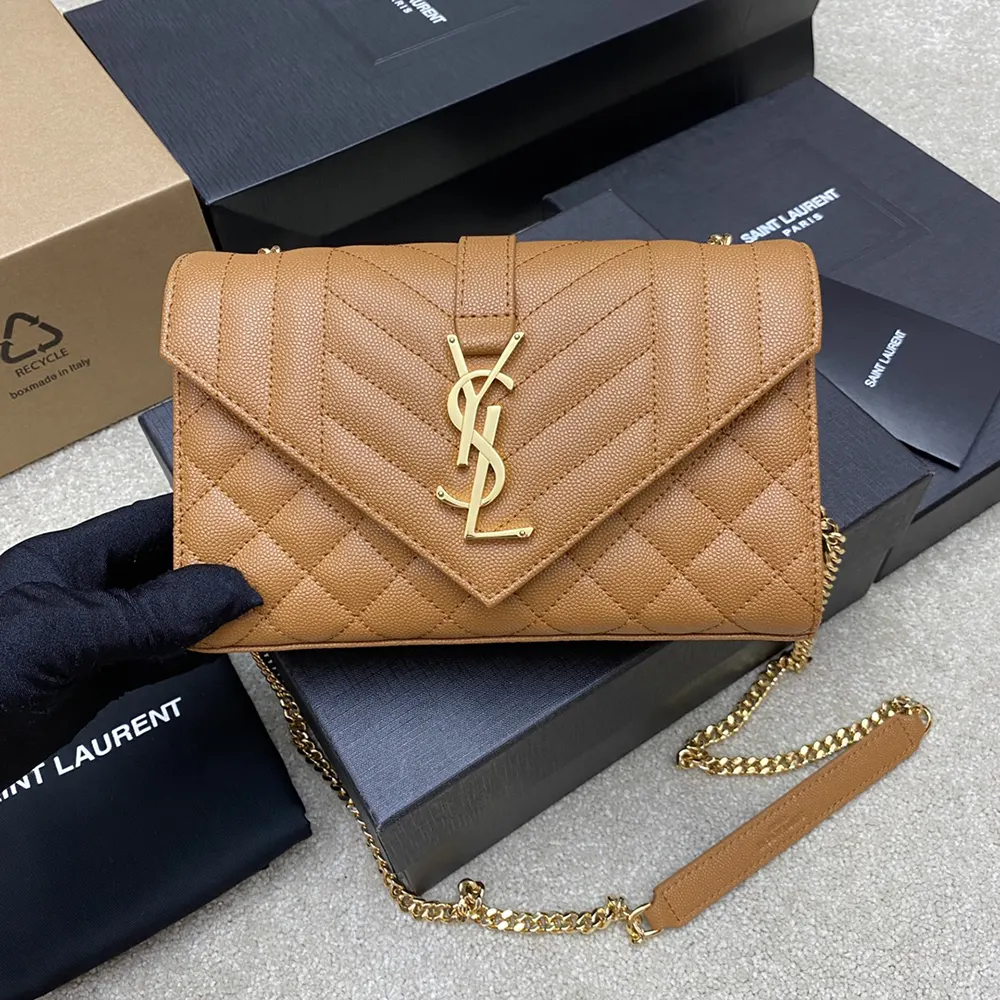 Saint Laurent YSL Women Envelope Small in Matelasse Lambskin-Brown