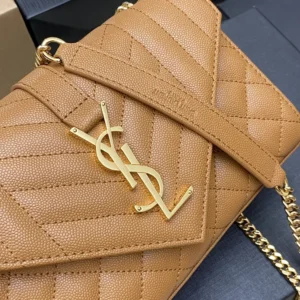 Saint Laurent YSL Women Envelope Small in Matelasse Lambskin-Brown