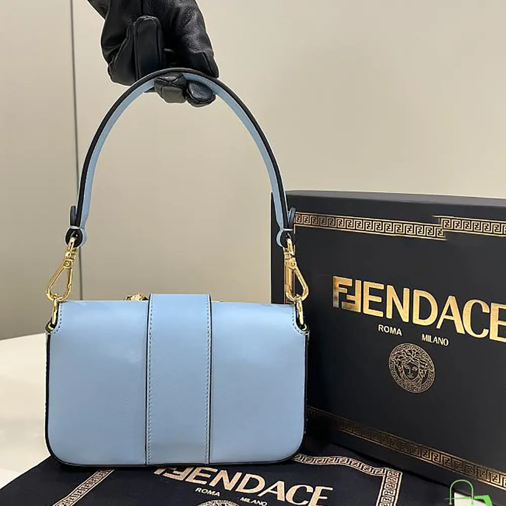 Fendi Women Brooch Mini Baguette Fendace Blue Leather Bag