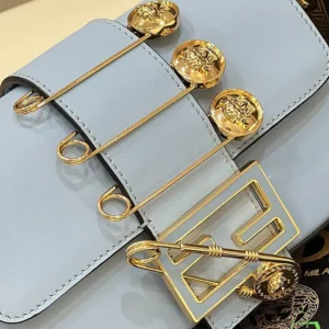 Fendi Women Brooch Mini Baguette Fendace Blue Leather Bag