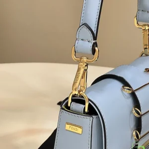 Fendi Women Brooch Mini Baguette Fendace Blue Leather Bag