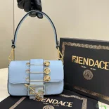 Fendi Women Brooch Mini Baguette Fendace Blue Leather Bag