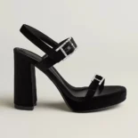 Hermes Women Bossa Sandal in Velvet Featuring a Hapi Buckle-Black