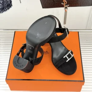 Hermes Women Bossa Sandal in Velvet Featuring a Hapi Buckle-Black