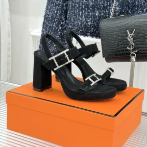 Hermes Women Bossa Sandal in Velvet Featuring a Hapi Buckle-Black