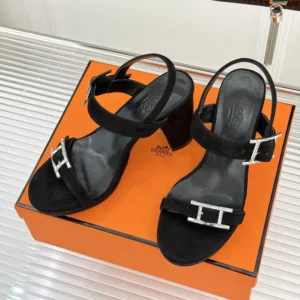 Hermes Women Bossa Sandal in Velvet Featuring a Hapi Buckle-Black