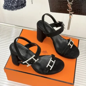 Hermes Women Bossa Sandal in Velvet Featuring a Hapi Buckle-Black