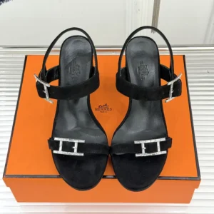 Hermes Women Bossa Sandal in Velvet Featuring a Hapi Buckle-Black