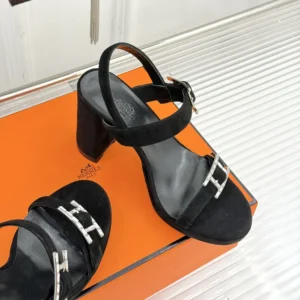 Hermes Women Bossa Sandal in Velvet Featuring a Hapi Buckle-Black