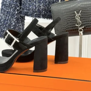 Hermes Women Bossa Sandal in Velvet Featuring a Hapi Buckle-Black