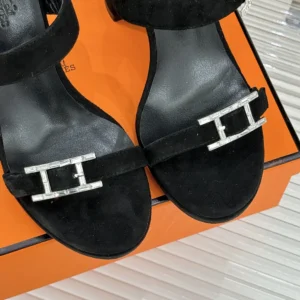 Hermes Women Bossa Sandal in Velvet Featuring a Hapi Buckle-Black