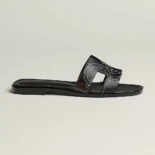 Hermes Women Oran sandal in "Panoplie Equestre" Embroidered Calfskin-Black