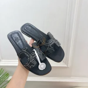 Hermes Women Oran sandal in "Panoplie Equestre" Embroidered Calfskin-Black