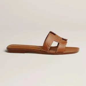 Hermes Women Oran sandal in "Panoplie Equestre" Embroidered Calfskin-Brown