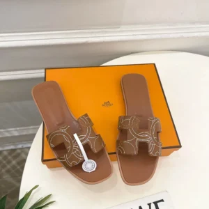 Hermes Women Oran sandal in "Panoplie Equestre" Embroidered Calfskin-Brown