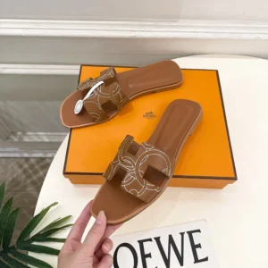 Hermes Women Oran sandal in "Panoplie Equestre" Embroidered Calfskin-Brown