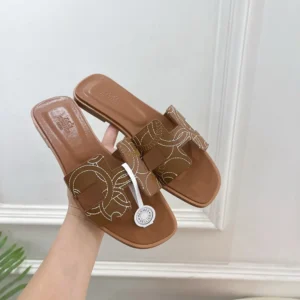 Hermes Women Oran sandal in "Panoplie Equestre" Embroidered Calfskin-Brown