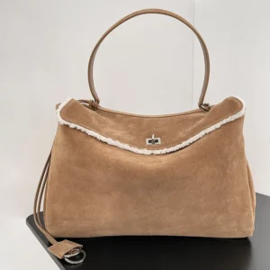 Balenciaga Women Rodeo Handbag Medium in Noce/White Suede Calfskin