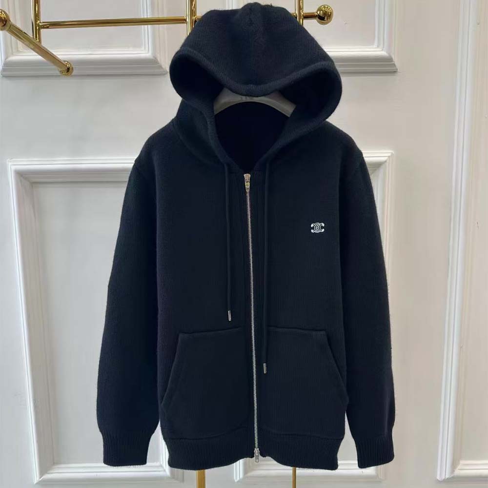 Celine Men Zipped Hoodie in Cashmere Cotton-Black 2Y36D450I