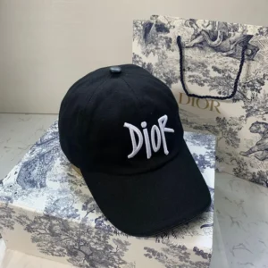 Dior Unisex Stussy Embroidered Logo Hat Black Cotton Canvas