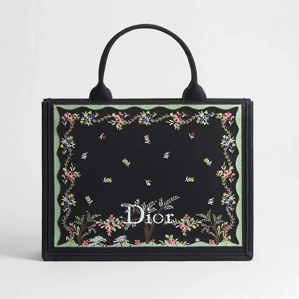 Dior Women Dioramour Medium Dior Book Tote with Strap Black Multicolor Revolution Flowers Embroidery