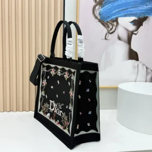 Dior Women Dioramour Medium Dior Book Tote with Strap Black Multicolor Revolution Flowers Embroidery